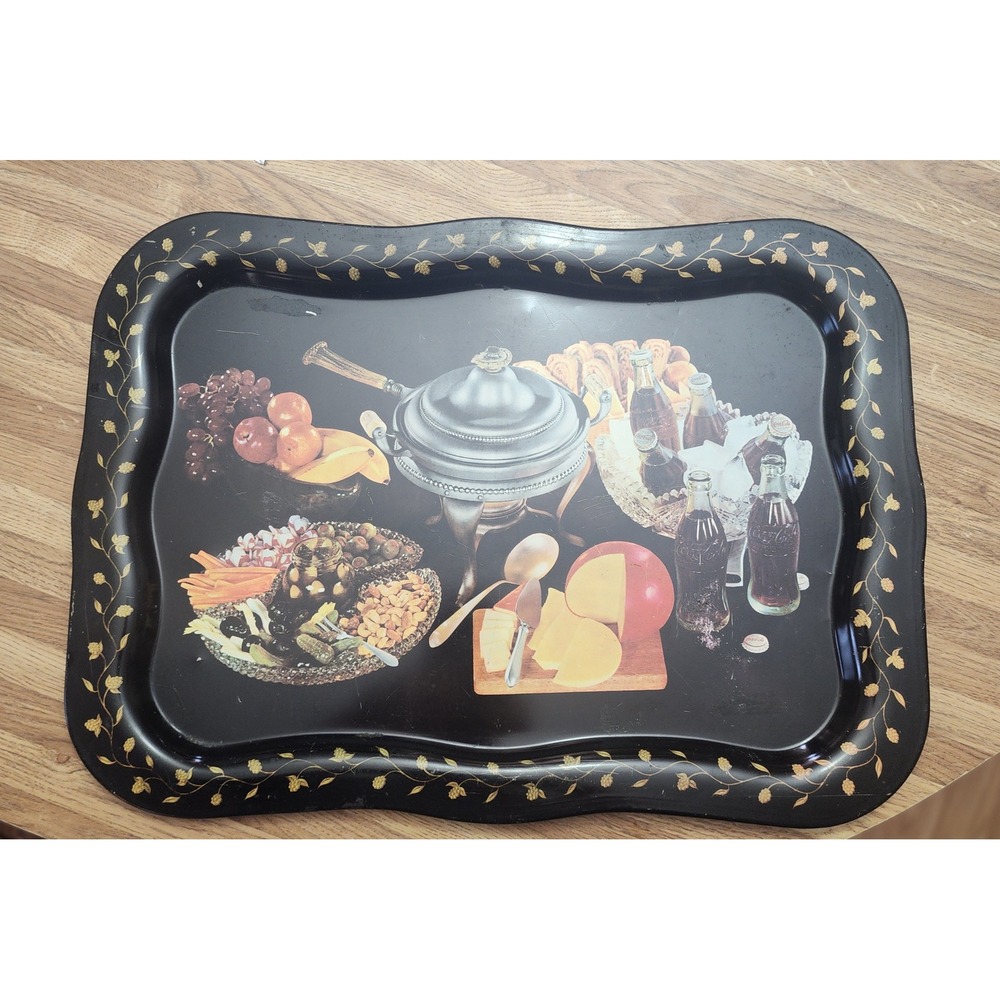 Vintage Coca-Cola Tin Serving Tray Still Life Soda Bottles Cheese Fruit Black